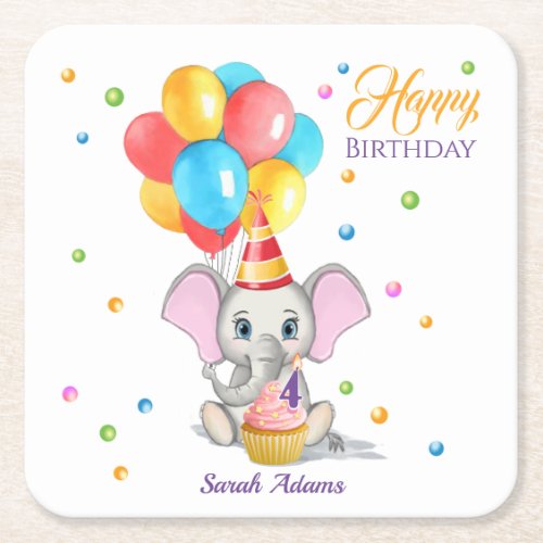 Colorful Elephant Cartoon Kids Birthday Square Pap Square Paper Coaster