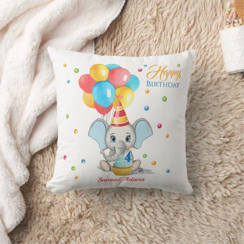 Colorful Elephant Cartoon Kids Birthday Throw Pillow