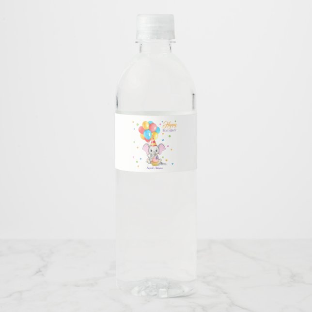 Colorful Elephant Cartoon Kids Birthday Water Bott Bottle Label (Front)