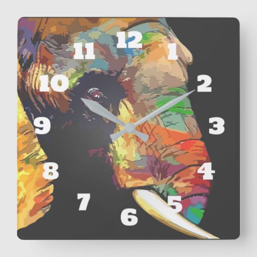Colorful Elephant Head Portrait Drawing Square Wall Clock