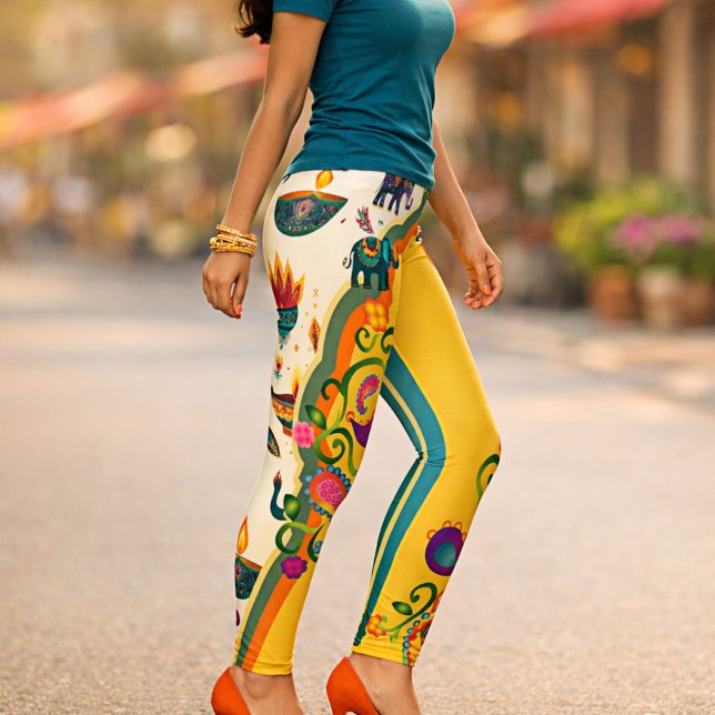 Colorful Elephant Indian Pattern Boho Leggings (Leggings featuring an India inspired colorful design with paisley pattern and elephants)