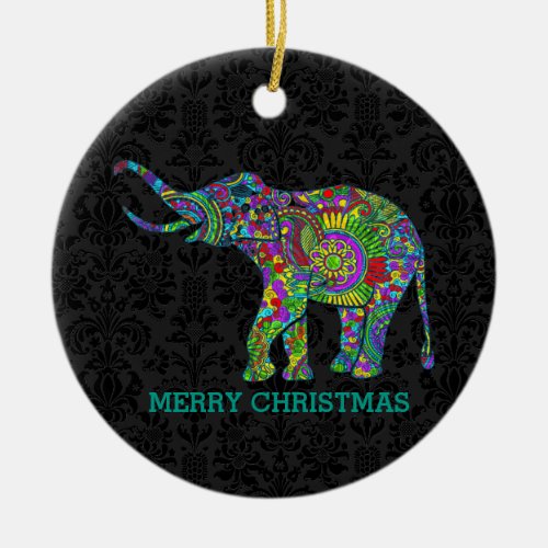 Colorful Elephant On Black Damasks Ceramic Ornament