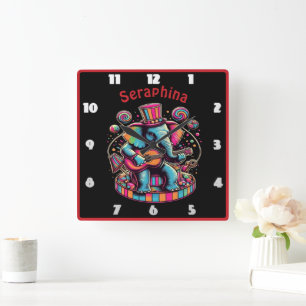 Colorful elephant strumming guitar at circus square wall clock