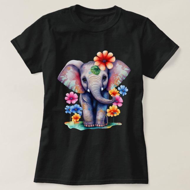 Colorful Elephant with Flowers T-Shirt (Design Front)