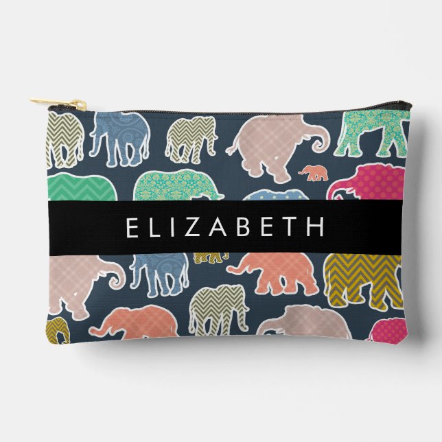 Colorful Elephants, Elephant Pattern, Your Name Accessory Pouch (Front)