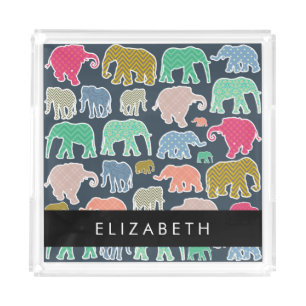 Colorful Elephants, Elephant Pattern, Your Name Acrylic Tray
