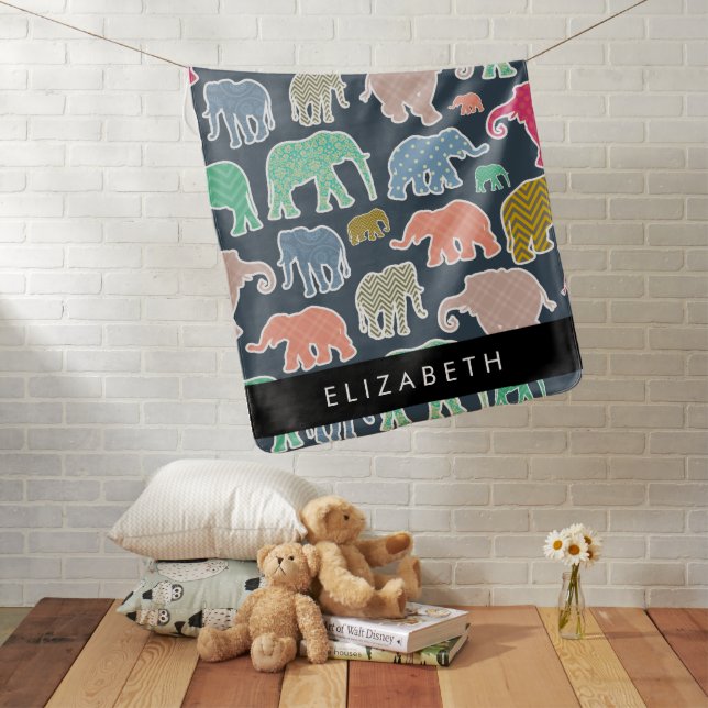 Colorful Elephants, Elephant Pattern, Your Name Baby Blanket (In Situ)