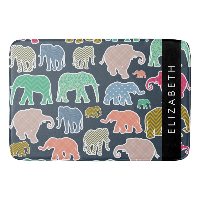 Colorful Elephants, Elephant Pattern, Your Name Bath Mat (Front)