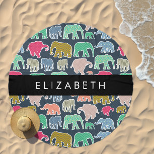 Colorful Elephants, Elephant Pattern, Your Name Beach Towel