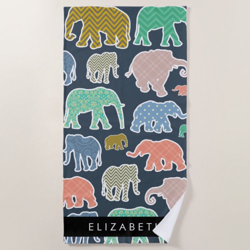 Colorful Elephants Elephant Pattern Your Name Beach Towel