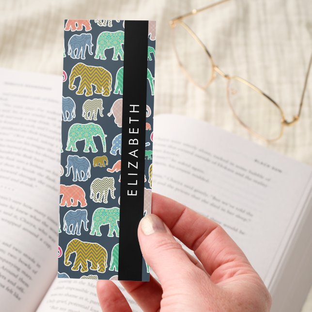 Colorful Elephants, Elephant Pattern, Your Name Bookmarks (Hand)