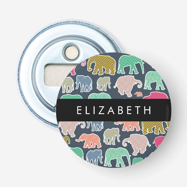Colorful Elephants, Elephant Pattern, Your Name Bottle Opener (Front)