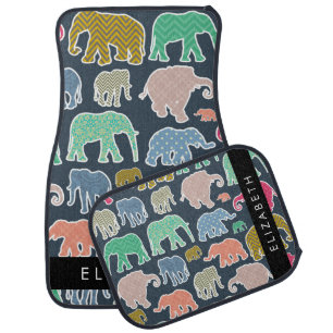 Colorful Elephants, Elephant Pattern, Your Name Car Floor Mat