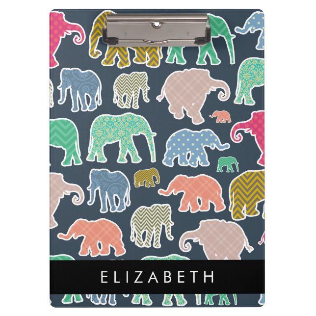 Colorful Elephants, Elephant Pattern, Your Name Clipboard (Front)