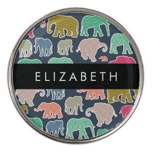 Colorful Elephants, Elephant Pattern, Your Name Golf Ball Marker