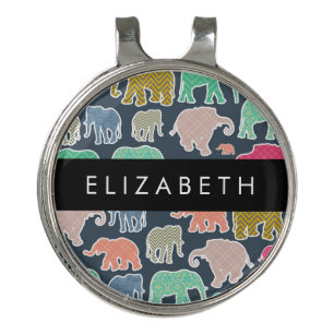 Colorful Elephants, Elephant Pattern, Your Name Golf Hat Clip