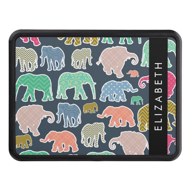 Colorful Elephants, Elephant Pattern, Your Name Hitch Cover (Front)