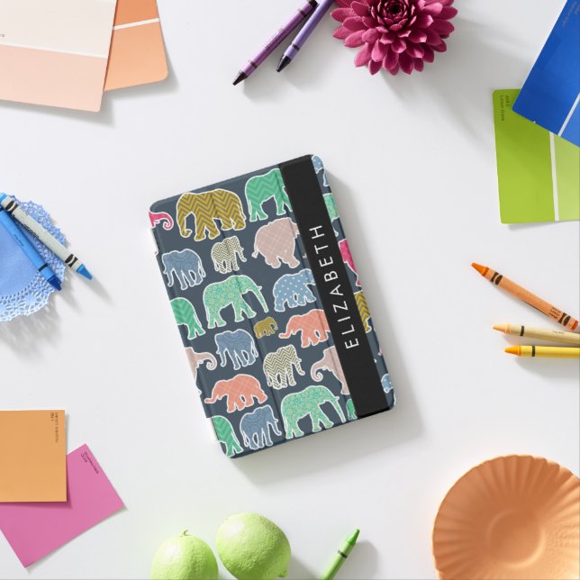 Colorful Elephants, Elephant Pattern, Your Name iPad Mini Cover (In Situ)