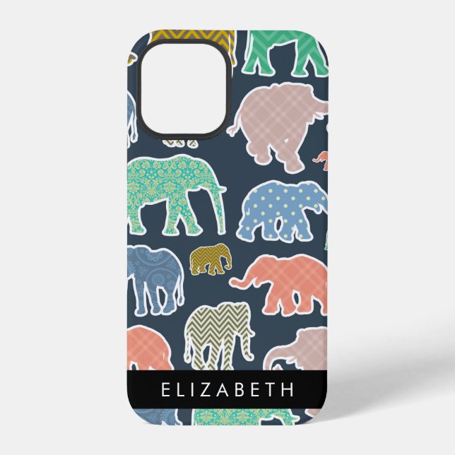 Colorful Elephants, Elephant Pattern, Your Name Iphone Case (Back)