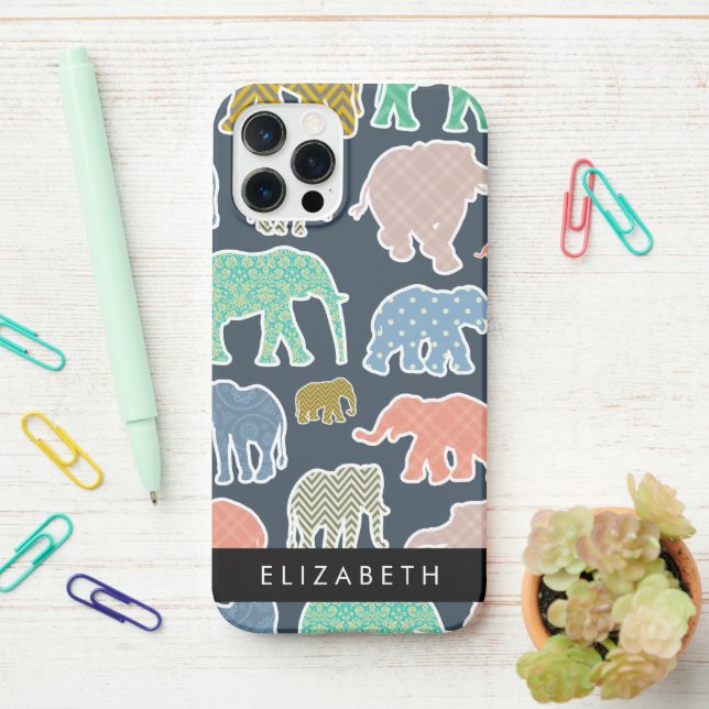 Colorful Elephants, Elephant Pattern, Your Name iPhone Case (On Desk)