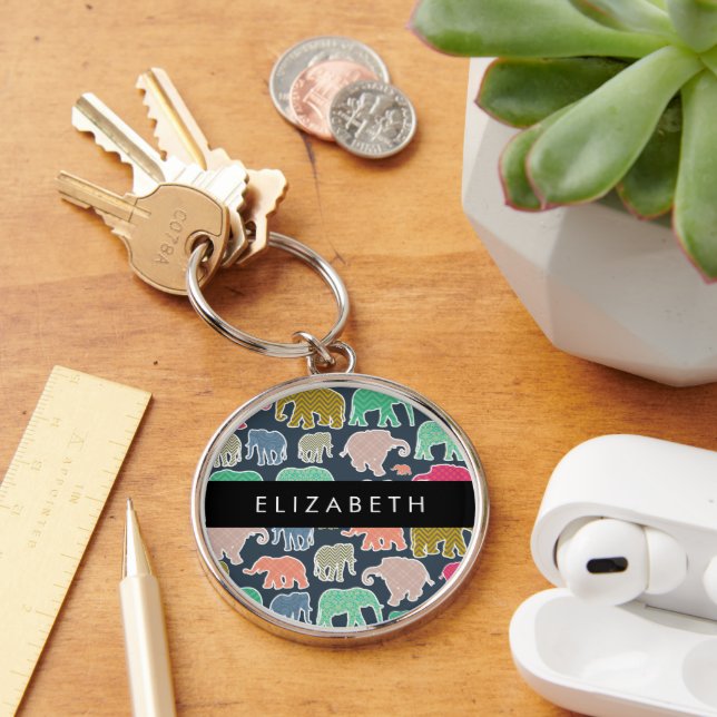 Colorful Elephants, Elephant Pattern, Your Name Keychain (Desk)