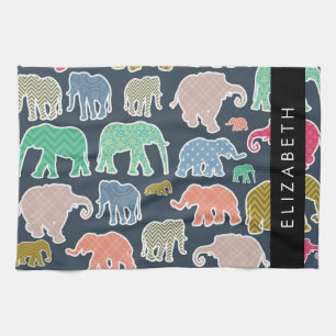 Colorful Elephants, Elephant Pattern, Your Name Kitchen Towel