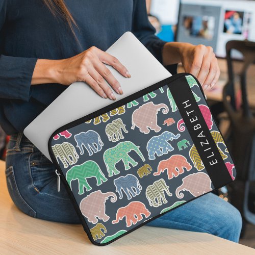 Colorful Elephants Elephant Pattern Your Name Laptop Sleeve