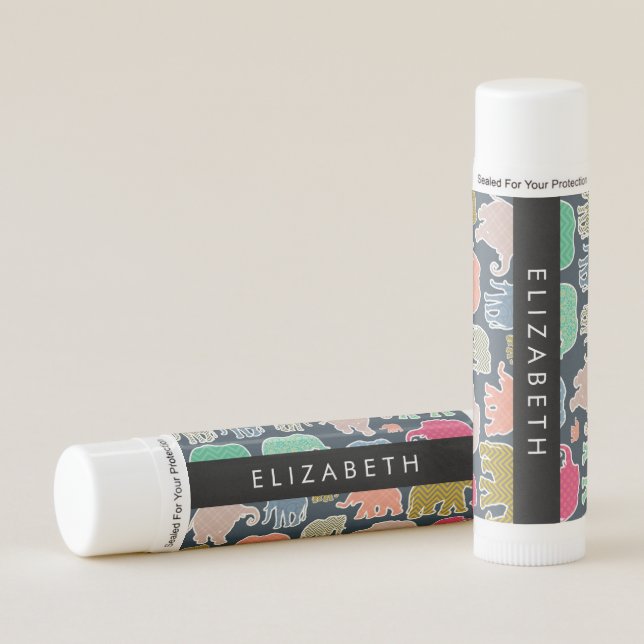 Colorful Elephants, Elephant Pattern, Your Name Lip Balm (Front)