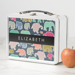 Colorful Elephants, Elephant Pattern, Your Name Metal Lunch Box