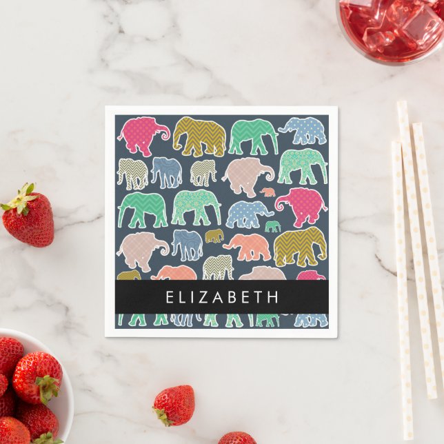 Colorful Elephants, Elephant Pattern, Your Name Napkins (Insitu)
