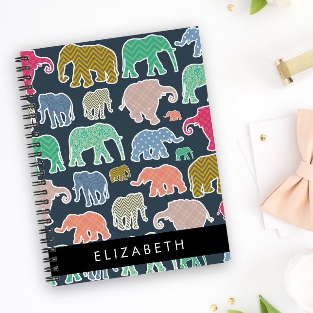 Colorful Elephants, Elephant Pattern, Your Name Notebook (Creator Uploaded)