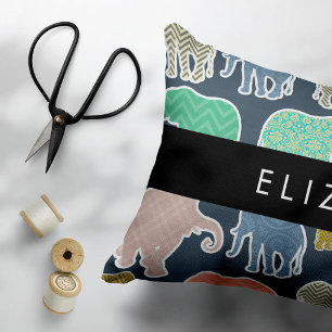 Colorful Elephants, Elephant Pattern, Your Name Pillow Case