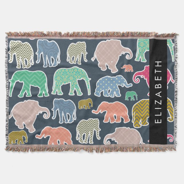 Colorful Elephants, Elephant Pattern, Your Name Throw Blanket (Front)
