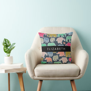 Colorful Elephants, Elephant Pattern, Your Name Throw Pillow