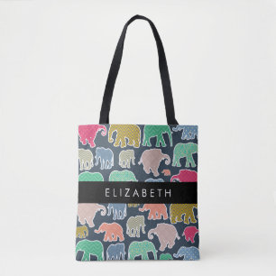 Colorful Elephants, Elephant Pattern, Your Name Tote Bag