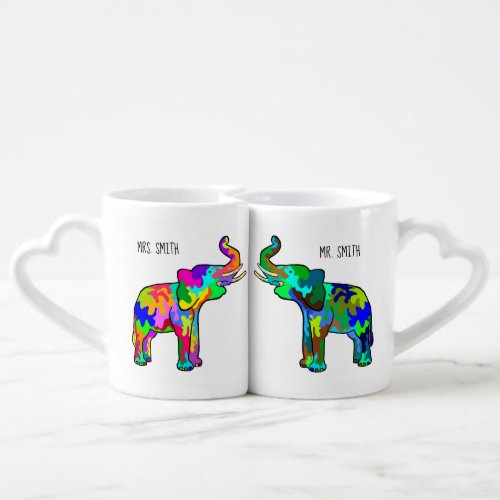 Colorful Elephants Love Art Coffee Mug Set of 2