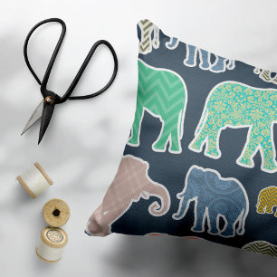 Colorful Elephants, Pattern Of Elephants, Zigzag Accent Pillow