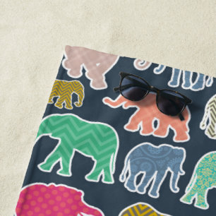 Colorful Elephants, Pattern Of Elephants, Zigzag Beach Towel