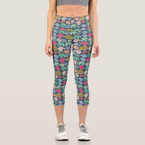 Colorful Elephants Pattern Of Elephants Zigzag Capri Leggings