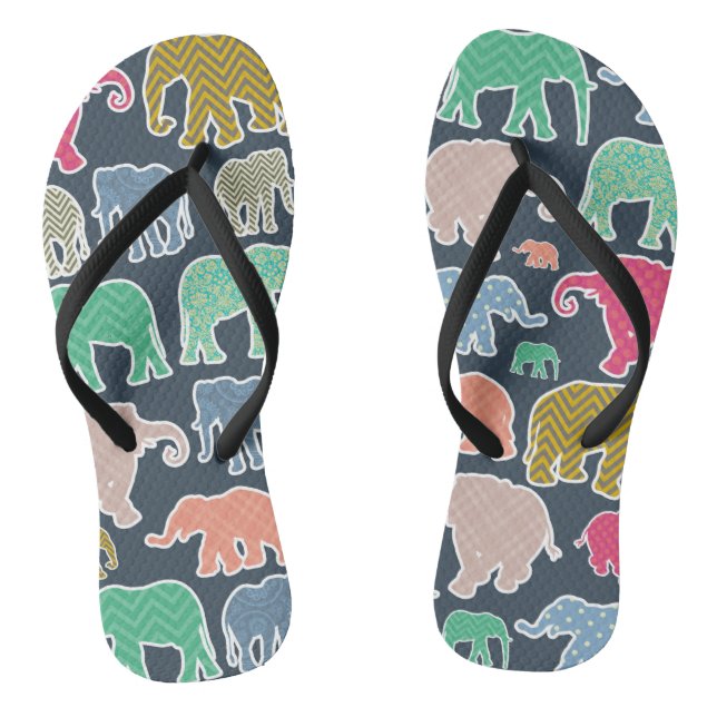 Colorful Elephants, Pattern Of Elephants, Zigzag Flip Flops (Footbed)