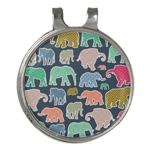 Colorful Elephants, Pattern Of Elephants, Zigzag Golf Hat Clip (Front)