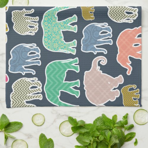 Colorful Elephants Pattern Of Elephants Zigzag Kitchen Towel