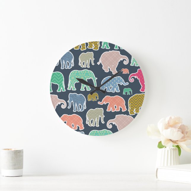 Colorful Elephants, Pattern Of Elephants, Zigzag Large Clock (Home)