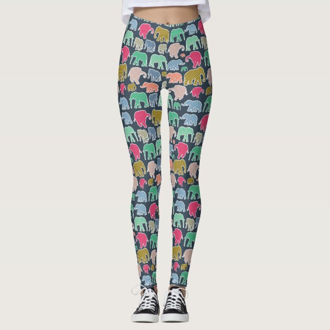 Colorful Elephants, Pattern Of Elephants, Zigzag Leggings (Front)