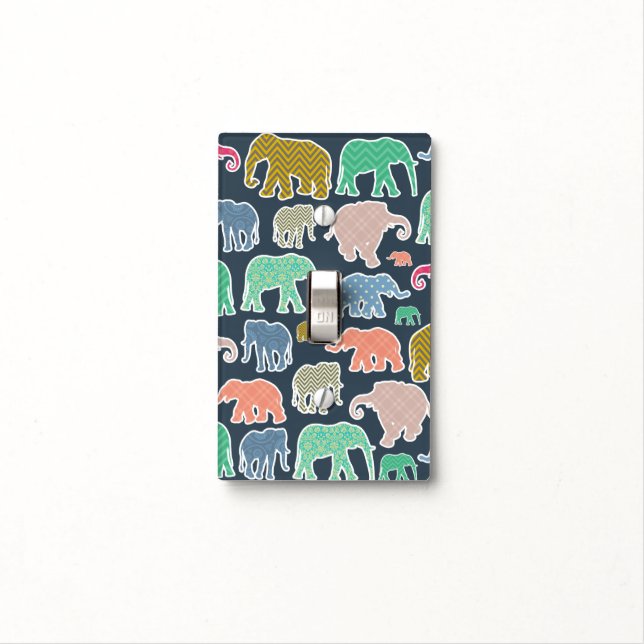 Colorful Elephants, Pattern Of Elephants, Zigzag Light Switch Cover (In Situ)