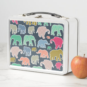 Colorful Elephants, Pattern Of Elephants, Zigzag Metal Lunch Box
