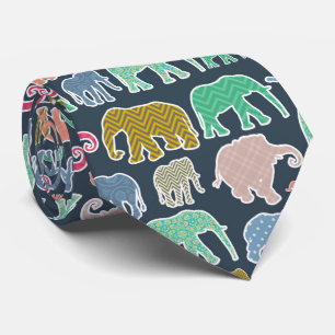 Colorful Elephants, Pattern Of Elephants, Zigzag Neck Tie