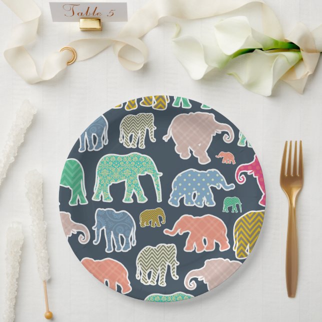 Colorful Elephants, Pattern Of Elephants, Zigzag Paper Plates (Wedding)
