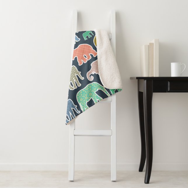 Colorful Elephants, Pattern Of Elephants, Zigzag Sherpa Blanket (In Situ)