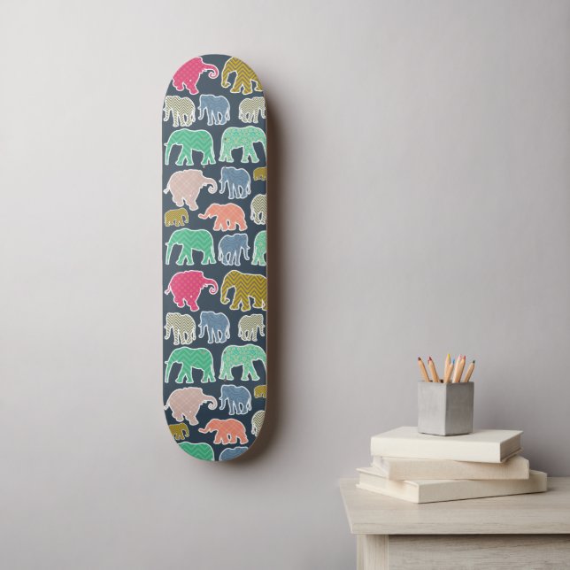 Colorful Elephants, Pattern Of Elephants, Zigzag Skateboard (Wall Art)